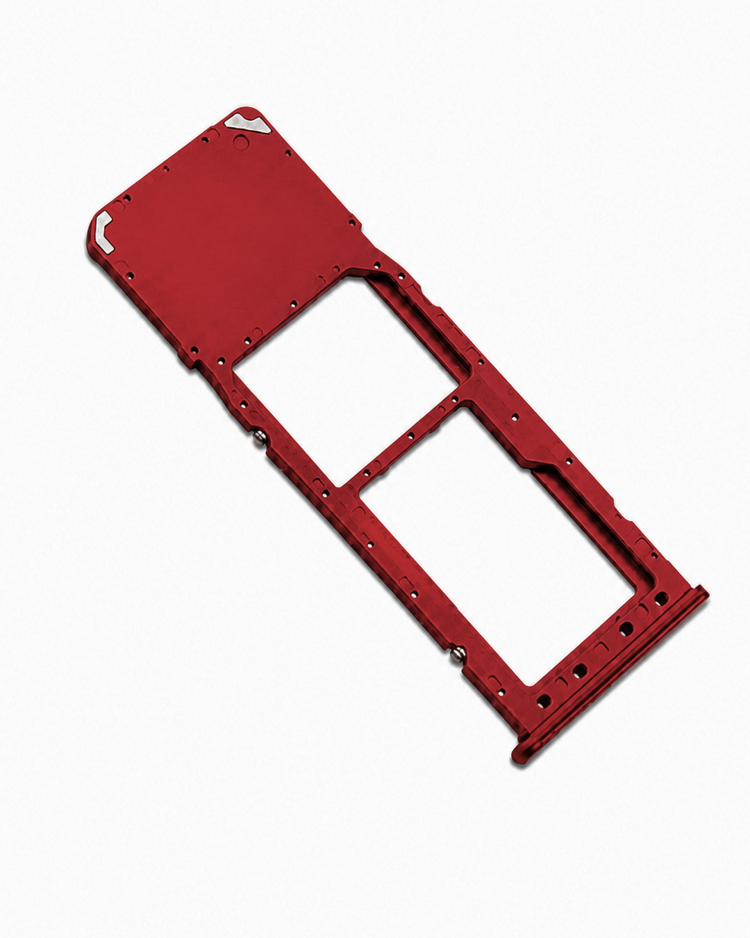 A replacement SIM card tray frame for mobile phones, made of lred plastic with printed black text indicating slot details, shown on a plain white background.