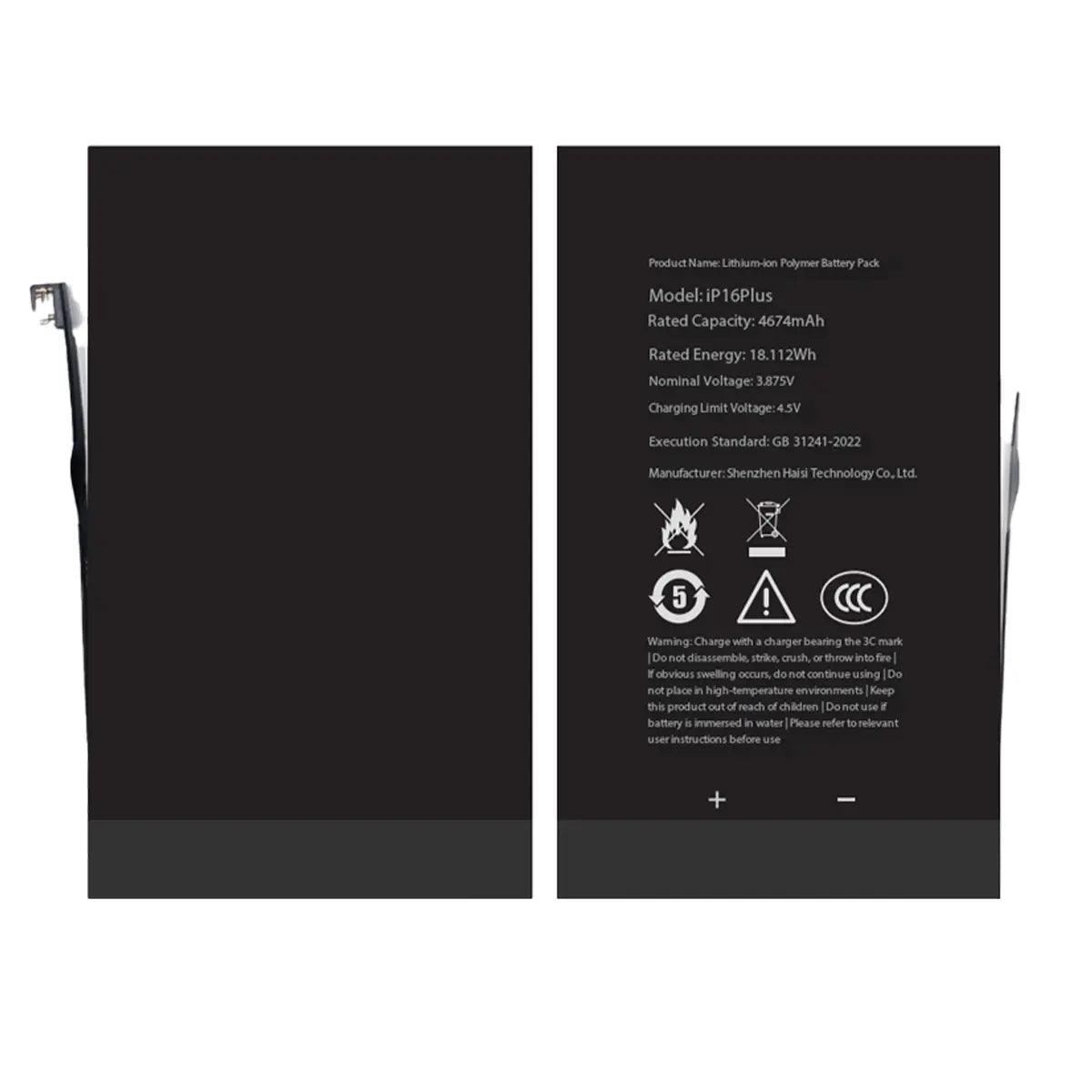 A replacement lithium-ion battery pack shown from both sides. The left side displays the negative terminal with a metal tab, while the right side displays the positive terminal with a metal tab and white technical specifications and safety icons printed on a black surface.
