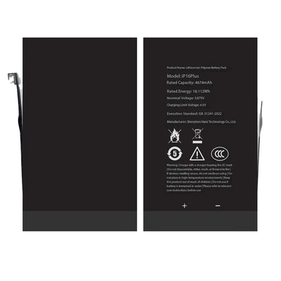 A replacement lithium-ion battery pack shown from both sides. The left side displays the negative terminal with a metal tab, while the right side displays the positive terminal with a metal tab and white technical specifications and safety icons printed on a black surface.