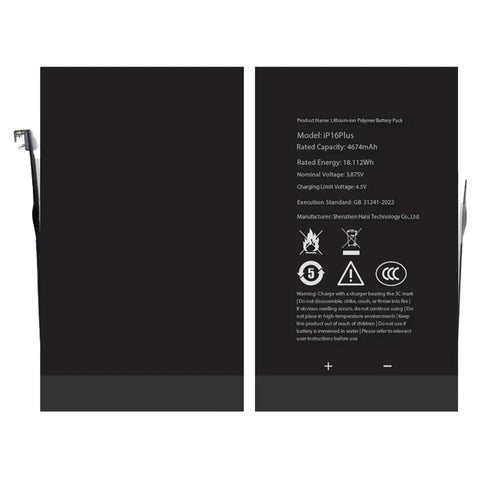 A replacement lithium-ion battery pack shown from both sides. The left side displays the negative terminal with a metal tab, while the right side displays the positive terminal with a metal tab and white technical specifications and safety icons printed on a black surface.