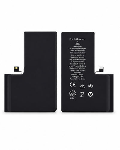 Two black replacement batteries for an iPhone, shown from the front and back to display the connector and printed specifications.
