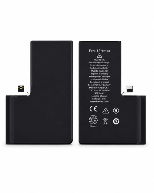 Two black replacement batteries for an iPhone, shown from the front and back to display the connector and printed specifications.