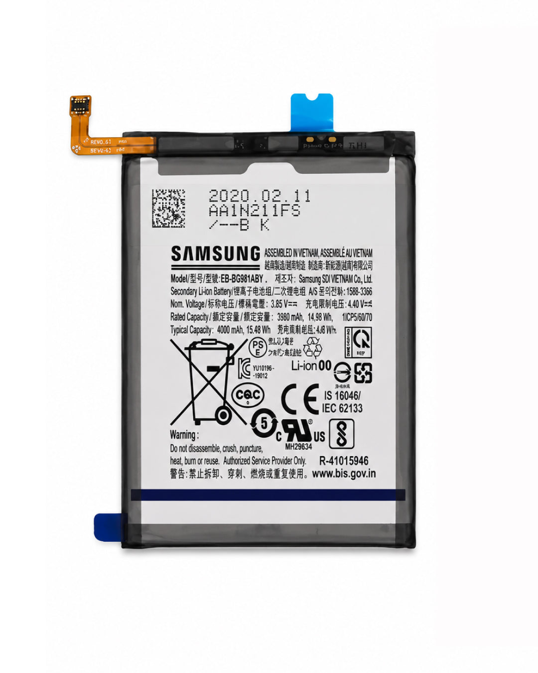 A Samsung replacement lithium-ion battery with a black casing, white label, and blue plastic connector tabs, shown on a plain white background.