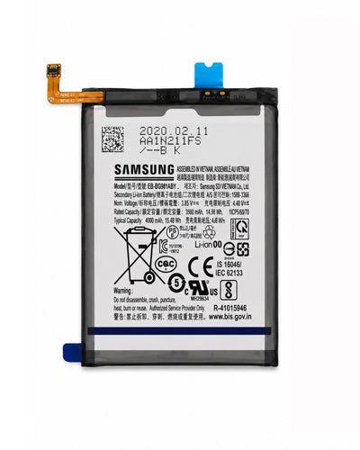 A Samsung replacement lithium-ion battery with a black casing, white label, and blue plastic connector tabs, shown on a plain white background.