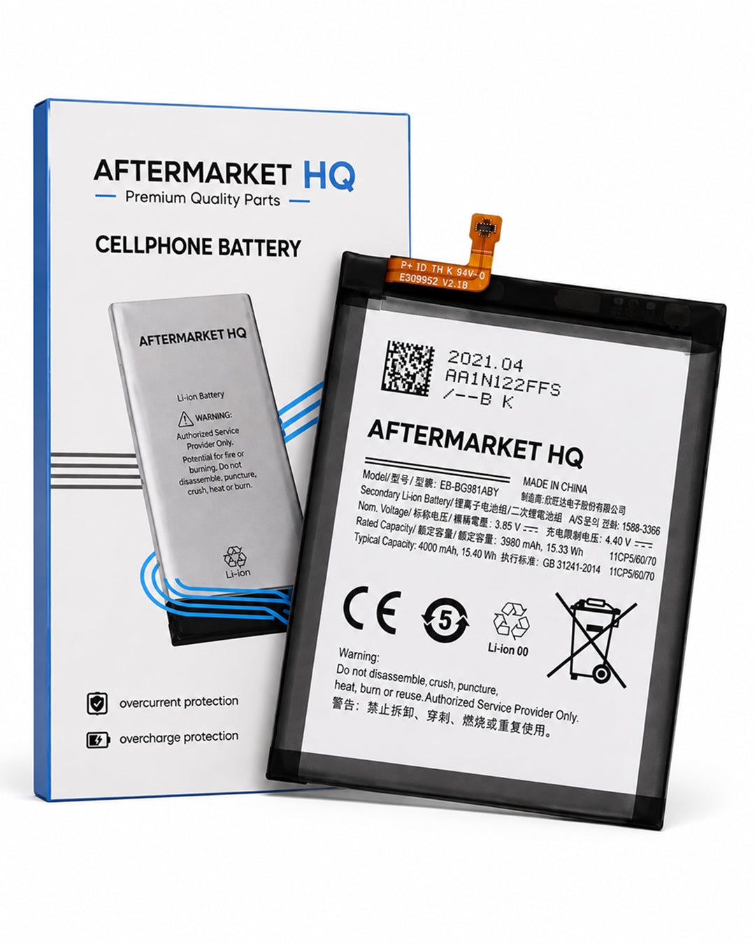 A replacement smartphone battery by AFTERMARKET HQ shown in front of its retail box. The battery is black with white text and a small orange connector tab at the top, while the box is blue and white with a smaller printed battery illustration.